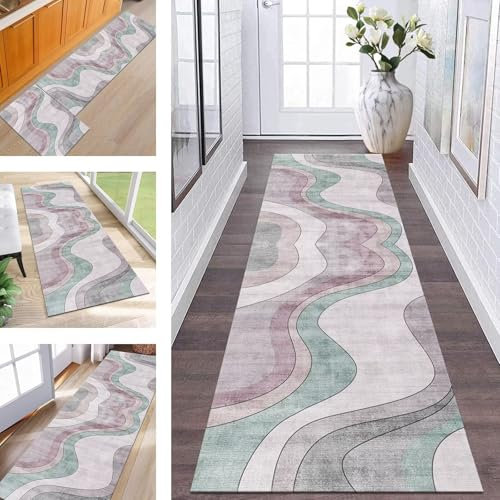 Teppich Läufer Küche Flur Waschbar Rutschfest Teppichläufer 90X300CM Meterware Läufer Teppich Rosa Grün Grau Flurteppich Kinderzimmer Schlafzimmer Wohnzimmer Küchenläufer Teppich Anpassbar Dauerhaft