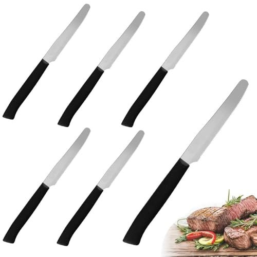 PALUPLUS Set 6 Coltelli da Carne con Punta TONDA in Acciaio Inox, Lunghezza 21 cm, Lama Seghettata e Temprata, Impugnatura Ergonomica, Coltelli da tavola per Bistecca e Pizza, Made Italy -392
