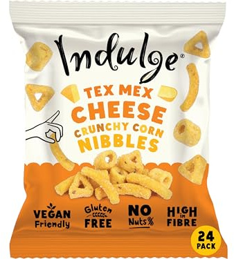 Indulge - Crunchy Corn Nibbles - Tex Mex Cheese Flavour - Gluten Free, Low Salt, Low Fat, Nut Free, Vegan - 20g x 24 bags (20g (Pack of 24), Tex Mex Cheese)
