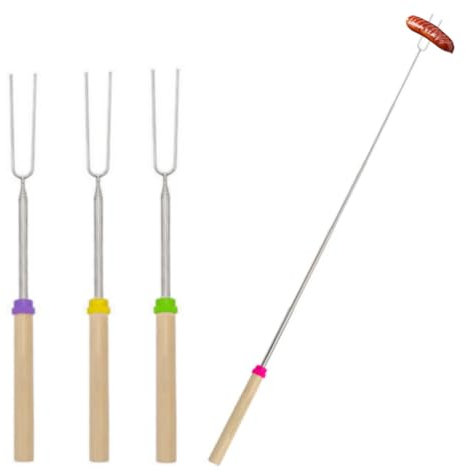 HRLORK 4 Pack Marshmallow Toasting Forks Stainless Telescoping Barbecue Forks Wooden Handle BBQ Roasting Sticks for Bonfire Camping