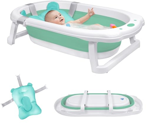 SUBTLETY 82x50x22cm Faltbare Baby Badewanne Platzsparend Badewannensitze mit Badekissen & Anti-Rutsch Gestell Kunststoff Kinderbadewanne Babywanne für 0-24 Monaten Neugeborene, Babys (Grün)