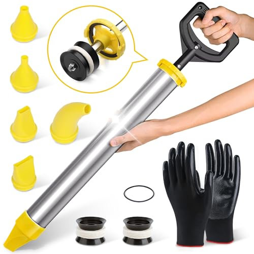OMerima Edelstahl Mörtelspritze – Mörtelpresse mit 5 Düsen, Handschuhen, Ersatz-Siegelkopf, Handmörtelpumpe und Fugenpistole für Mörtel (Edelstahl gelb)