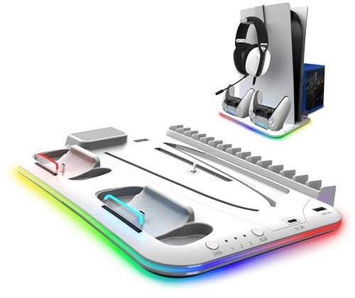 AKUMA Cyber A01 – Support Multifonction PS5/PS5 Slim/PS5 Pro – Ventilateur Turbo 3 Vitesses, Chargeur 2 Manettes, RGB 9 Couleurs, Rangement 15 Jeux, Support Casque, Port USB A