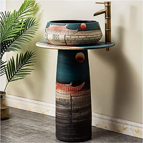 Lavabo sur pied de salle de bain autoportant Art Hotel Home Lavabo sur pied, vasque arrondie Lavabo sur pied en céramique Lavabo sur pied de salle de bain autoportant pou(3 Piece Set-With Faucet)