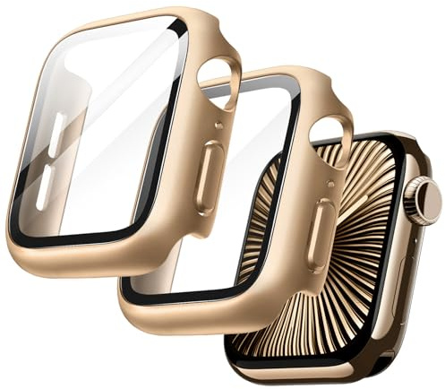 JETech Hülle mit Schutzfolie für Apple Watch Series 11/10 42mm, Gesamt Schutzhülle, Eingebaut Gehärteter Glas Displayschutz Hohe Empfindlichkeit, 2 Stück (Gold)