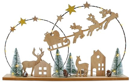 Spetebo LED Deko Aufsteller Holz mit Weihnachts Motiv - 40 x 25 cm - Silhoutten Bild Weihnachtsmann mit Schlitten warm weiß beleuchtet - Weihnachts Tischdeko Fensterdeko Deko inklusive Batterie