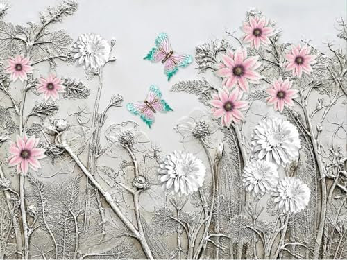 Fototapete 3D Effekt Grau Geprägte Verwelkte Gras Blumen Schmetterling Hintergrund Wand, L 250x175cm, Wanddeko, Wandbild, Wandtapete