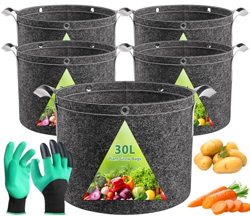RDDAIPE Pflanzsack, 5X 30l Pflanzsäcke, Vliesstoff Pflanztasche, Stofftöpfe, Stofftopf, Wiederverwendbare Grow Bag mit Griff, Pflanztaschen für Kartoffeln, Tomaten, Pflanzen, Blumen, Gemüse, Obst