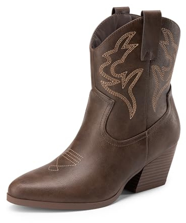 DREAM PAIRS Bottes Femme Western Courtes à Talon Bloc Bas Bout Pointu Bottines Cowboy Cowgirl Brodées Mode pour Automne Hiver,Size 41.5,Brun,DWUMAB2504