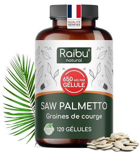 Saw Palmetto - Haute Teneur: 550 mg de Palmier Nain par Gélule (20:1), avec Graines de Courge - 120 Gélules de Palmier Nain pour 4 Mois d’Utilisation - Végan & Sans Additifs - Raibu