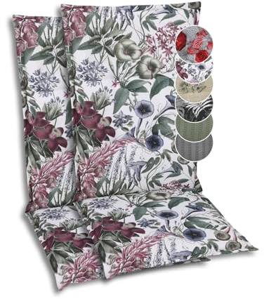 GO-DE Textil Bequeme und attraktive Polsterauflagen für Mittellehner-Gartenstühle (2er-Set, Blätter und Blüten Natur/grün, Mittellehner)