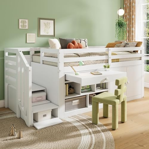 Kinderbett Hochbett 90x200, Funktionsbett mit Ausziehbarem Schreibtisch&Ablagefach&Schränke&Schubladen&Stauraumtreppen, Holzbett Jugendbett mit Rausfallschutz&Lattenrost, Massivholz,Ohne Matratze,Weiß