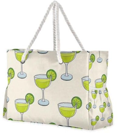 voucong Verre à cocktail citron épaule Weekender Nuit Imperméable Anti-sable avec poches latérales Grand sac fourre-tout Plage pour Voyage Gym Vacances, Verre à cocktail citron, 1 size