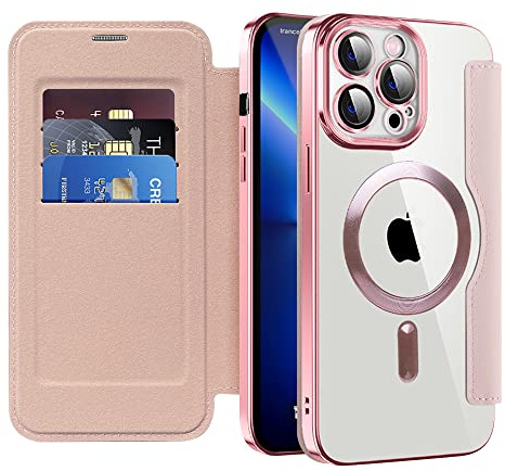 QIWEIQING Magnetiskt fodral för iPhone 13 Pro, kompatibelt med MagSafe, plånboksfodral i PU-läder med RFID-blockerande kreditkortshållare, transparent fodral för iPhone 13 Pro. Roséguld JDC