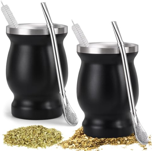 Behogan 2 Stück Mate Becher: Yerba Mate Tee Set, Doppelwandiger Edelstahl Matebecher mit Strohhalmlöffel und Reinigungsbürste, Wärmeisolierung für Mate Tee, Kaffee, Milch und Saft