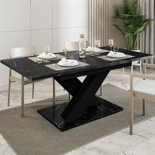 Extendable Dining Table, 140-180 x 75cm | Modern Folding Kitchen & Living Room Table, Scratch-Resistant High Gloss Surface | Space-Saving Dining Table for Small Apartments (Black Royal Marble)