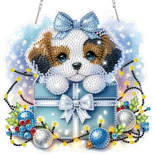 Lxmsja Weihnachten Diamond Painting Anhänger, 5D Diamond Painting Fensterbilder Hund für Erwachsene Kinder, Weihnachtsgeschenke Bastelset Kreativ Set Ornament Tür Fenster Wand Decor