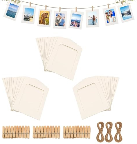 Fotogirlande, 30 Bilderrahmen mit 30 Klammern und 3 Hanfseilen, Fotokette mit Klammern, Fotos Aufhängen, Bilder Aufhängen Schnur, DIY Fotoleine für Wanddekor, Geburtstag, Hochzeit, Party oder Schule