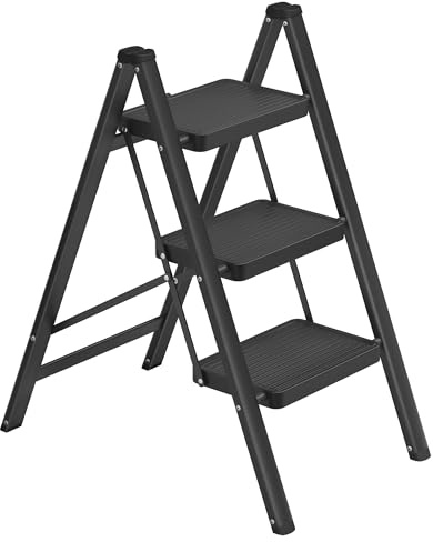 SONGMICS Escalera Plegable, Taburete Plegable de Acero, Escalera de 3 Peldaños, Carga hasta 150 kg, Fácil de Guardar, para Casa y Oficina, Negro, 73,5 x 43,4 x 85,5 cm GSL103BZ01