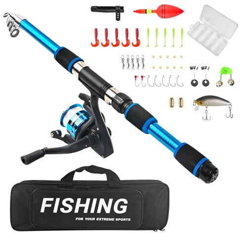 Canne à pêche télescopique pour Enfants - 1,8 m - avec Moulinet de pêche - Accessoires de pêche - Sac de Transport - pour débutants en Eau salée et Eau Douce - Bleu