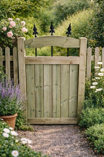 Wooden Garden Gate with Spikes Curved Top – Pressure Treated Outdoor Fence Gate with Metal Spindles (180cm High x 120cm Wide x 5cm Deep)