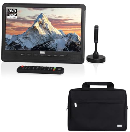 August DA383 Television Portatil + Bolsa Acolchada con Reproductor DVD Integrado, DVB-T2 HD Mini TV con TDT Batería Recargable,CD/DVD/USB/Tarjeta SD,HDMI, AV-Aux out Viajes Caravana y Casa