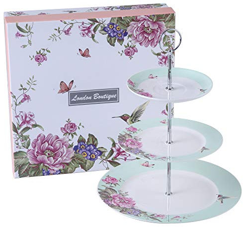 London Boutique Soporte de 2 Niveles para Tartas, té de la Tarde, Porcelana, pájaro, Rosa, Mariposa, en Caja de Regalo (Turquesa)