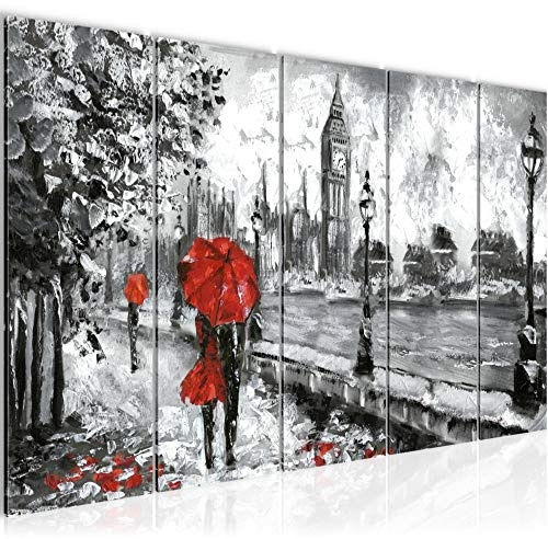 Runa Art Wandbild XXL London Wohnzimmer Schlafzimmer 200 x 80 cm Rot Grau 5 Teilig - Made in Germany - 024355a