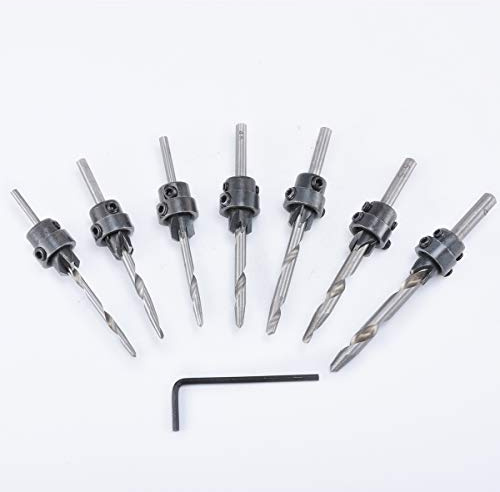 KATUR Juego de brocas para avellanar, 7 piezas, taladro para taladro de carpintería, flauta de tornillo, avellanador completo con taladro cónico para taladro previo de cambio rápido de madera