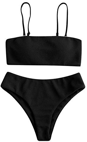 ZAFUL Ensemble Bikini pour Femme, Texture Bandeau avec Rembourrage Haute Coupe Sexy, Maillot de Bain - Noir - 38