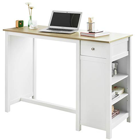 SoBuy FWT64-WN Bartisch Küchentheke Küchenbartisch mit Einer Schublade und 3 Regalfächern Bistrotisch Kücheninsel Tresentisch weiß-Natur BHT: 120x90x55cm