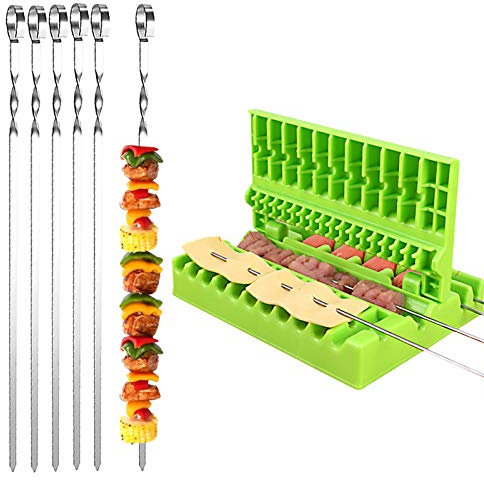 Elinala Brochettes Barbecue INOX, Machine de Dispositif de Brochette, 20 Pieces Kebab Plat Réutilisable en Métal et 1 Pièce 3-en-1 Ulti-Function Barbecue Légumes Viande Brochette Boîte (35 CM)