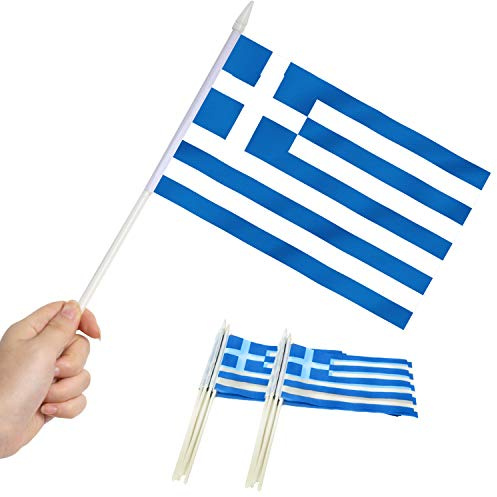Anley Greece Mini Flag 12er Pack - Handgehaltene kleine griechische Miniaturflaggen am Stick - Lichtecht und lebendige Farben - 5.5 x 8 Zoll mit massiver Stange und Speerspitze
