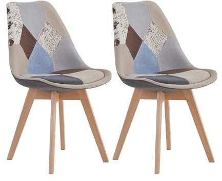 GrandCA HOME 2er Set Esszimmerstuhl mit Patchwork-Stoff und Metallbeinen aus Buchenholz, für Schlafzimmer und Wohnzimmer, Küche, Braun