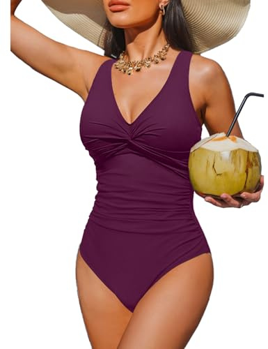 Purple Tummy Control One Piece Swimsuit Full Coverage Bathing Suit L