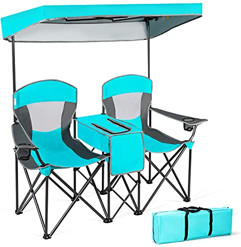 COSTWAY Double Folding Camping Chair with Canopy, Outdoor Portable Loveseat with Armrests, Cup Holder and Carrying Bag, Garden Patio Fishing Seaside Beach Picnic Chairs (no Roll-up Shade, Turquoise)