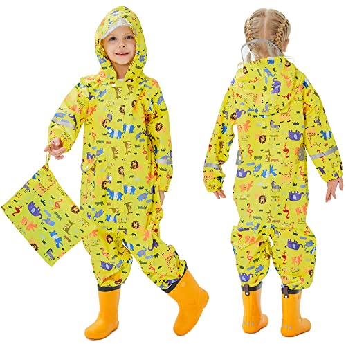 Fewlby Tuta Impermeabile Bambini Tuta Pioggia Bambina Antipioggia con Cappuccio Poncho Impermeabile Ragazze Ragazzi Giacche da Pioggia con Cappello Trasparente per 1-3 Anni