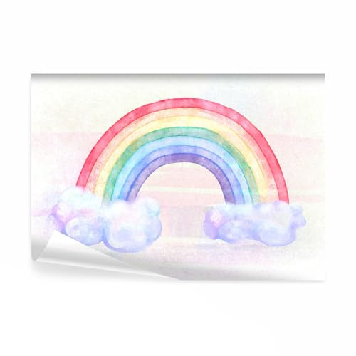 decomonkey Fototapete Regenbogen 350x256 cm Tapete Fototapeten Vlies Tapeten Vliestapete Wandtapete moderne Wand Wandbild Schlafzimmer Wohnzimmer Wanddeko Wolken Steinwand rosa bunt weiß
