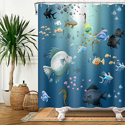 SDOTPMT 90x183cm cartone animato Pesce Tenda da doccia Colorato Tropicale Pesci Ippocampo Marino Animale Tenda da bagno Blu Oceano Tenda da vasca per bambini Bagno Tessuto Poliestere con ganci