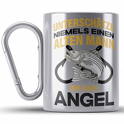 Trendation - Angler Edelstahl Tasse Karabiner Geschenk Männer Sprüche Lustig für Fischer Geschenkidee Angeln Becher (Silber)