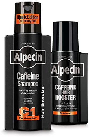 Alpecin Coffein Shampoo C1 Black Edition, 250 ml & Coffein Hair Booster, 200 ml - Leistungssteigerung der Haarwurzeln | Natürliches Haarwachstum | Energie für kräftiges Haar | Haarpflege für Männer