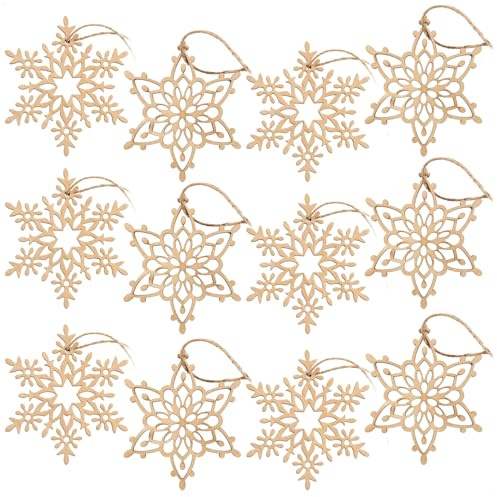 com-four® 12x Tannenbaumschmuck Holz-Anhänger Set, Weihnachtsbaumschmuck | Christbaumschmuck im Schneeflocken-Design