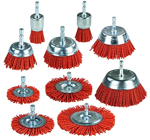 SALI 10 Stück Nylon-Filament-Schleifdrahtbürsten-Set mit 1/4 Zoll Sechskantschaft, 6 Größen Nylon-Bohrbürsten-Set zum Entfernen von Rostkorrosionsfarbe Topfbürsten Schleifdraht, Schleifbürstenset