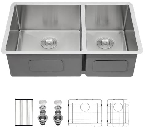 Lofeyo 33x19 Inch Undermount Double Bowl Kitchen Sink 60/40 Divider 16 Gauge 304 Stainless Steel Handmade Deep Basin Modern Under Counter Design