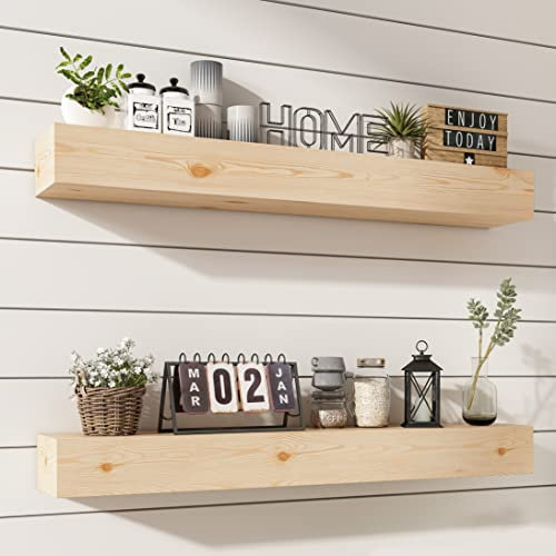 ROOREVO Wandregale, rustikales Holzregal für die Wandmontage – handgefertigte Holzregale für Badezimmer, Küche, Wohnzimmer – keine Flecken – DIY (unlackiert, 91,4 cm – 2 Stück)