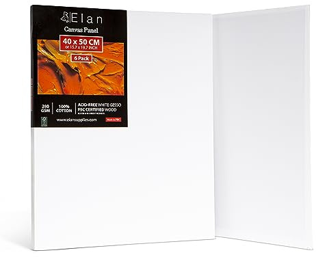 Elan Malkarton 40x50 6er Set, 3mm Leinwand zum Bemalen 280g/m² | 3mm Dickes Malpappe Bespannt mit 280g/m² Baumwolle, Säurefrei, Dreifach Grundiert, Leicht und Perfect für Anfänger