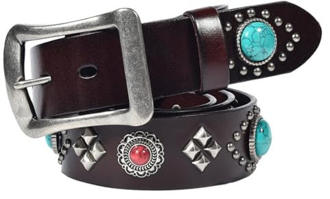 NALANY Punk Rock Türkis & Rot Perlen Inlay Runde Blumen Nietengürtel, Damen Herren Western Ledergürtel Gothic Silber Nieten Kreis Gürtel Taillengurt(115cm/waist:39, Coffee)