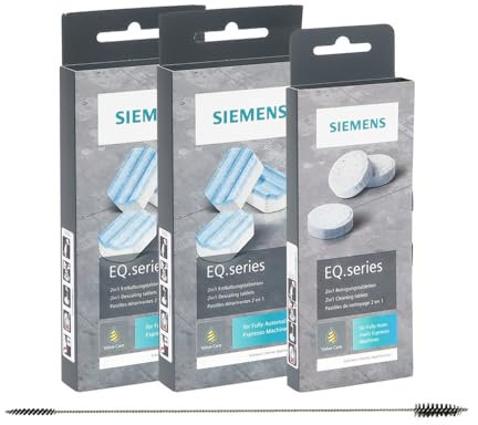 Reinigungs/Pflege-Set passend für Siemens EQ-Kaffeevollautomaten, 1 x 10 Reiniungstabletten TZ80001 + 2 x 3 Entkalkungstabletten TZ80002 + 1 x Reinigungsbürste