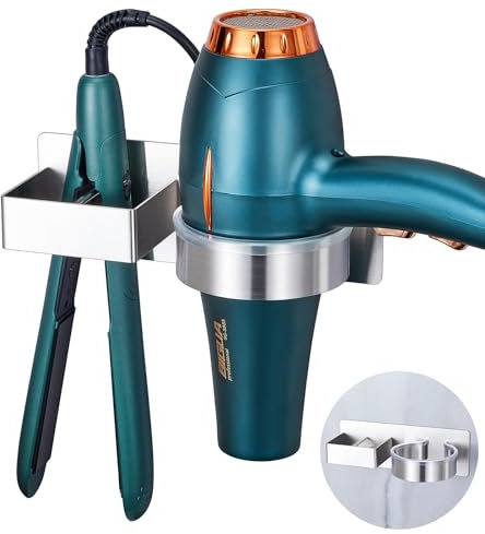 YYBO Hair Dryer and Straightener Holder, Hair Dryer Holder Wall Mount, Adhesive Hairdryer Holder Station, Hair Dryer Stand, Hair Tool Organiser for Bathroom Barber Shops Dressing Table (Silver)