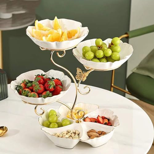 JUNYFFF Frutero 4 Pisos, Fruteros De Cocina Modernos, Frutero De Cerámica Cesta De Frutas De 4 Niveles con Soporte Metálico para Decoración De Cocina, Verduras, Frutas, Aperitivo,Blanco